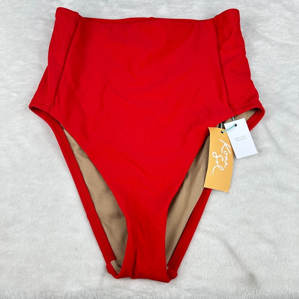 Kona Sol Bikini Bottom Womens Small Red Medium Coverage High Waist Tummy Control